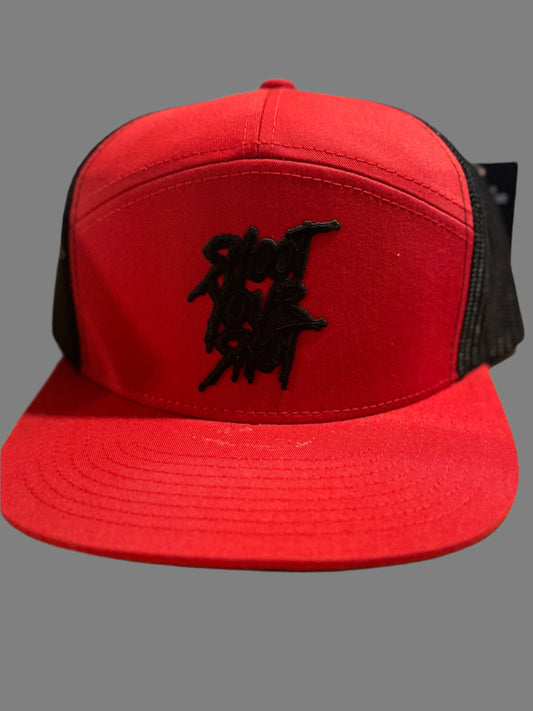 Red Black 7 panel trucker hat